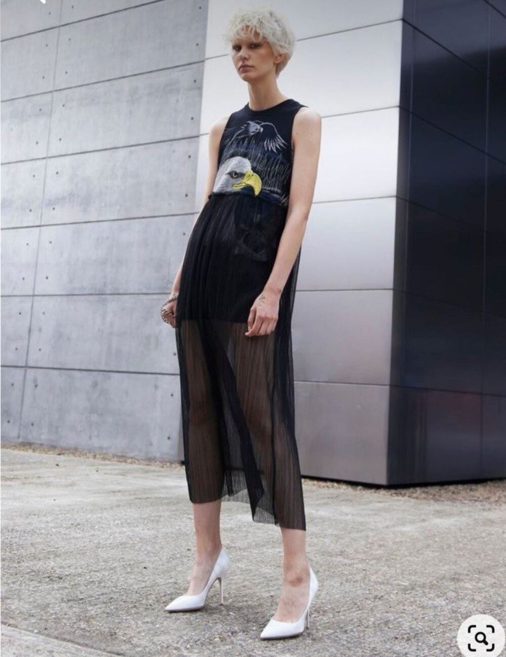 Archival Vinti Andrews London Distorted Eagle Sheer Pleated Dress Black small